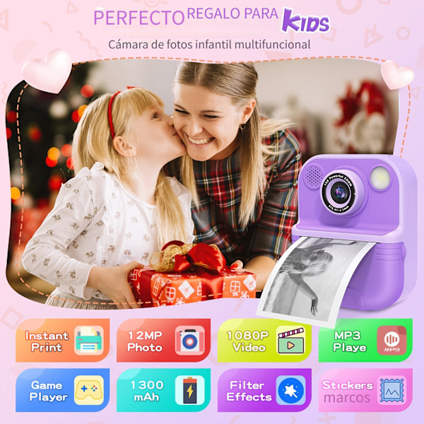 Digitaalinen kamera, pikavalokuvatulostuskamera tulostuspaperilla, violetti