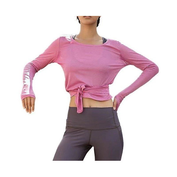 Naisten crop-toppi, selkä avoin, seksikäs pitkähihainen rusettipusero tanssiin ja joogaan Pink M