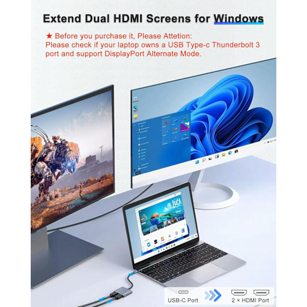 USB-C-kaksois-HDMI-sovitin, 2 näytön jakaja, USB-C-keskitin laajennettuun kaksoisnäyttöön, kaksois-HDMI-telakka kannettaville tietokoneille ja näytöille