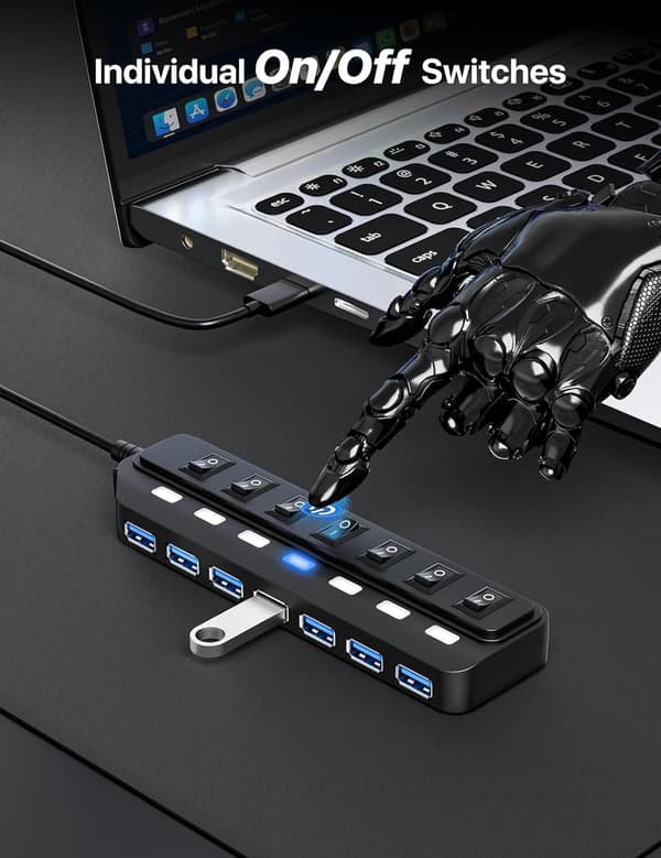 7 Port USB 3.0 Hub med Individuel On/Off, 5Gbps HighSpeed Data USB adapter til Laptop, MacBook