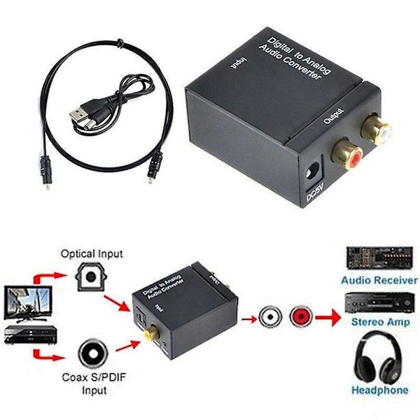 Digital optisk Toslink SPDIF koaxial till analog RCA ljudkonverterare adapter med fiberkabel