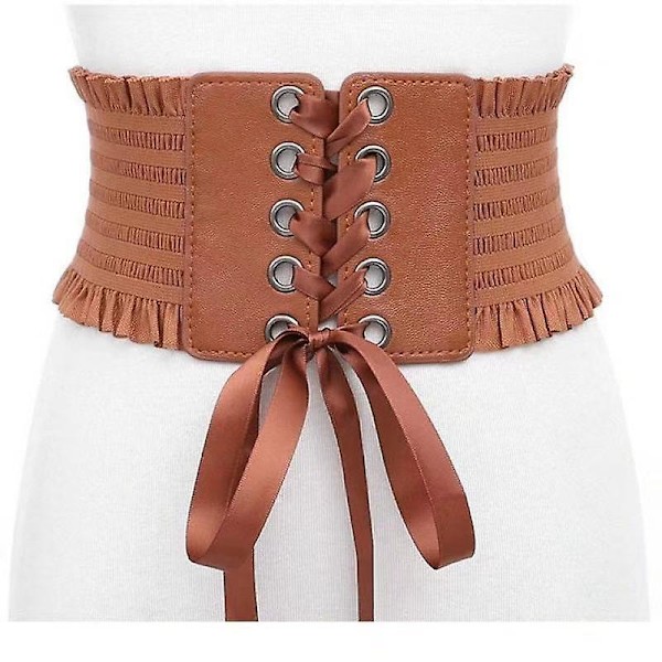 Kvinnors midjeband stretch PU läder wrap spets upp hög midja stil bälte Light Brown