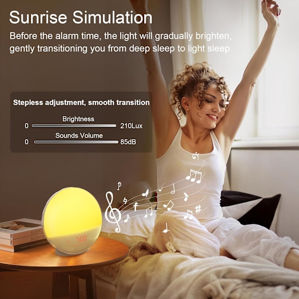 Smart Sunrise Väckarklocka Väckningslampa för Tunga Sovare, Soluppgångs-/Solnedgångssimulering, Fyrdubbla Alarm & Naturliga Ljud, Anpassningsbar Sömn