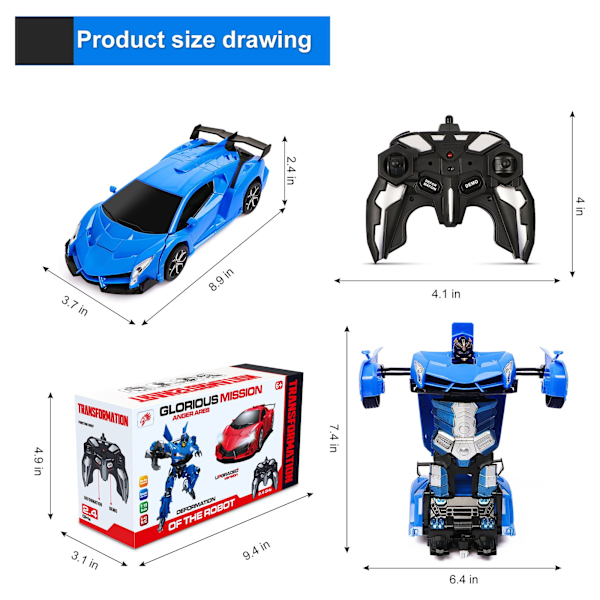 Fjernstyrt bil som forvandles til robot - RC-biler for barn 2,4 GHz 1:18 roterende stuntbil - blå