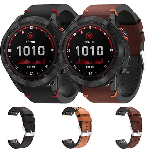 Til Garmin Fenix ​​7x Solar 26mm Læder Sutur Stål Spænde Urbånd Coffee