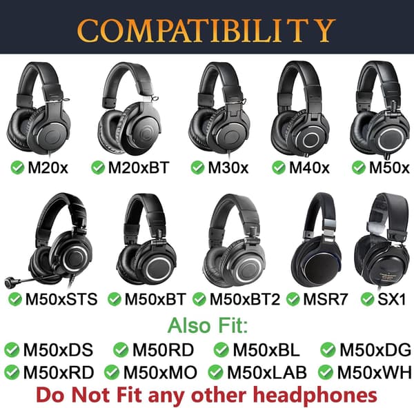 Øreputer for Audio Technica ATH M50X M40X M30X Memory foam øreputer, svart