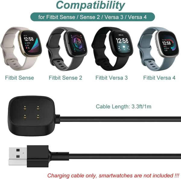 Laddare för Fitbit Versa 4/Versa 3/Sense 2/Sense, Ersättningsladdningskabel [2-pack, 1M/3.3FT]