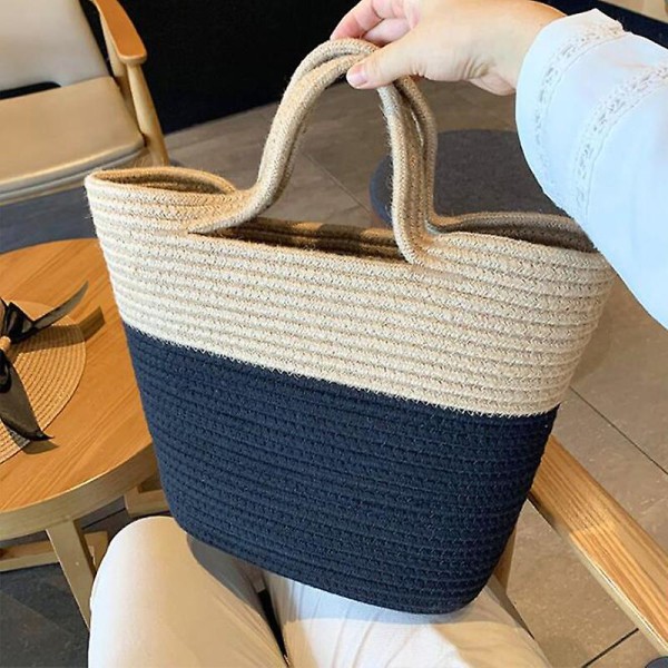 Straw Tote Bag Kontrastfarve Bomuld Rope Travel Stor Kapacitet Beach Bag beige