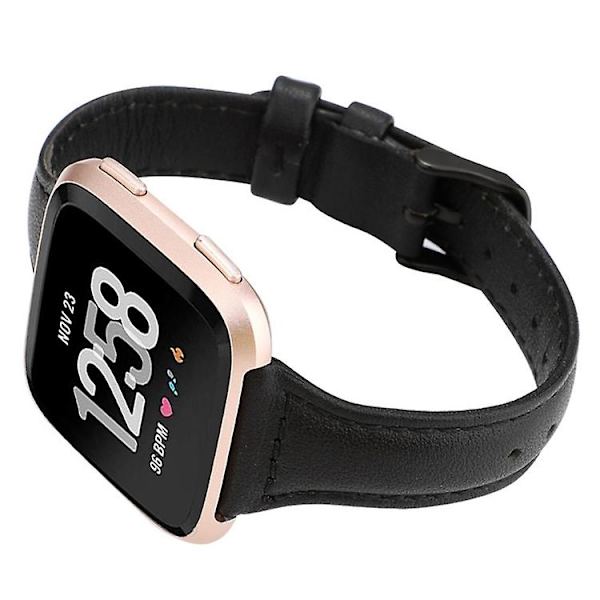 Til Fitbit Versa Crazy Horse Texture ægte læderurrem Black