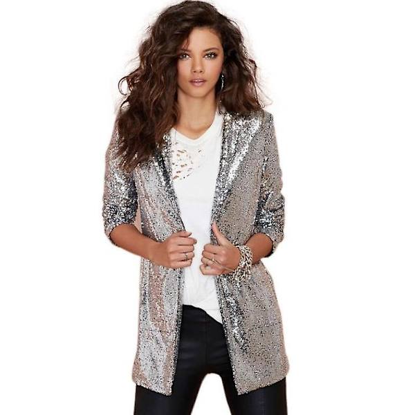 Kvinnors paljettjacka Öppen front blazer Casual långärmad kofta silver M
