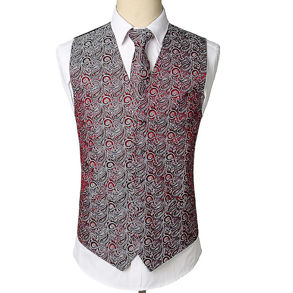 Herr 3st Paisley Vest Slips Ficka fyrkantig Set för kostym smoking Red M
