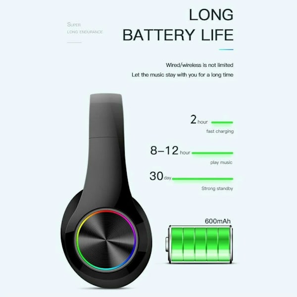 Äkta trådlösa Bluetooth-hörlurar hopfällbara Bluetooth-headset, stereomikrofon, laddningsbara hörlurar svart