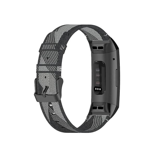 Til Fitbit Charge 4 / Charge 3 Se rustfrit stål hoved korn nylon denim erstatningsrem urrem Gray Stripe