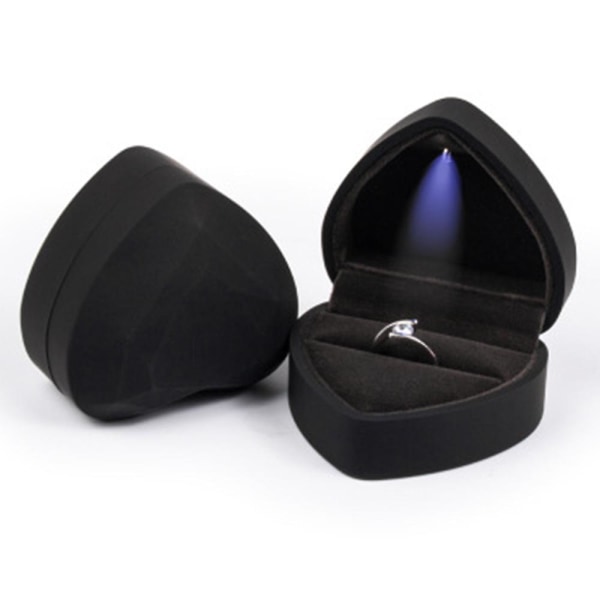 Led ringboks hjerteform fløyelsholderboks med lys for forlovelse Black