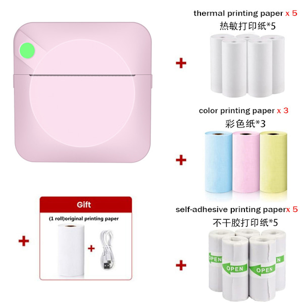 Mini Bluetooth Termisk Printer blækfri etiketprinter med 14 ruller trykpapir, pink