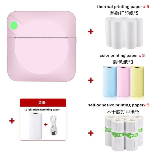 Mini Bluetooth Termisk Skrivare bläckfri etikettskrivare Med 14 rullar tryckpapper, rosa