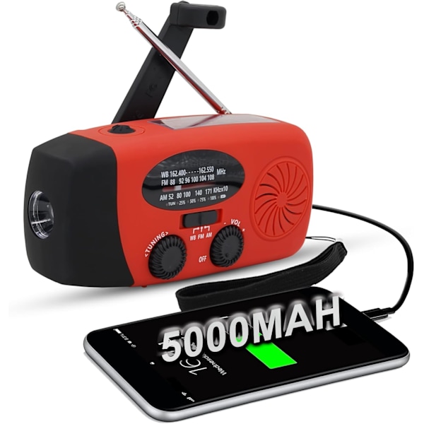 Nödhandvevradio med solpanel, LED-ficklampa med 2000mAh mobil strömförsörjning Röd