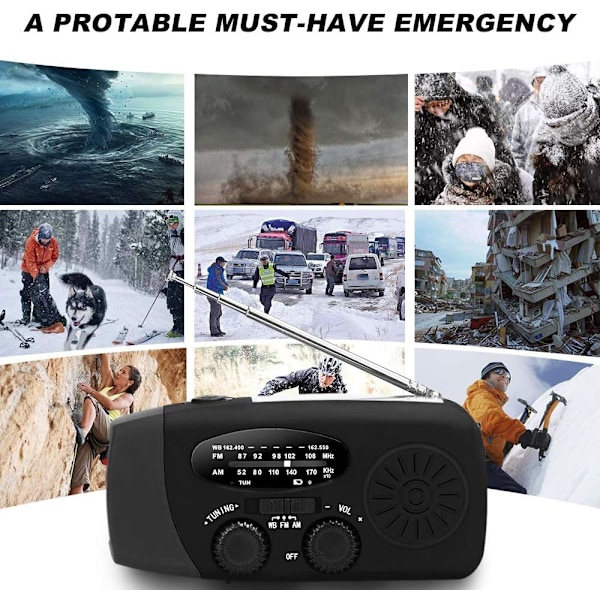Nødradio med solcelle og håndsveiv, LED-lommelykt med 2000mAh mobil strømforsyning Svart