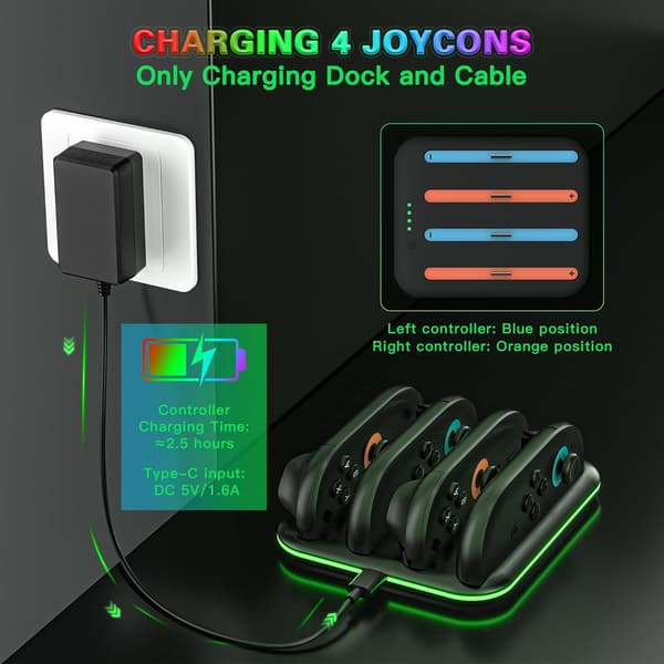 4 i 1 oplader til Switch 2 Joy Con opladningsstation med LED-indikator, sort