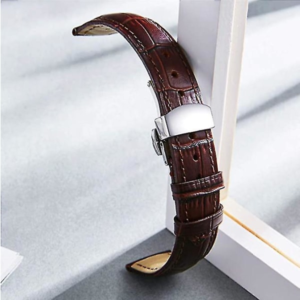 Watch Ersättningskrokodilleband för män kvinnor med spänne för utbyggnad av silverfjäril Dark brown 12mm