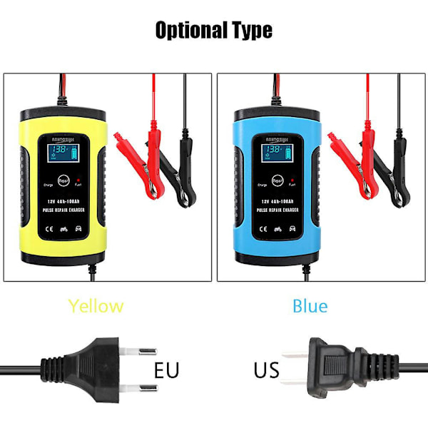 12V6A Batteri Smart Oplader Bil og Motorcykel Batteri Oplader Digital Reparation Oplader Gul US Standard