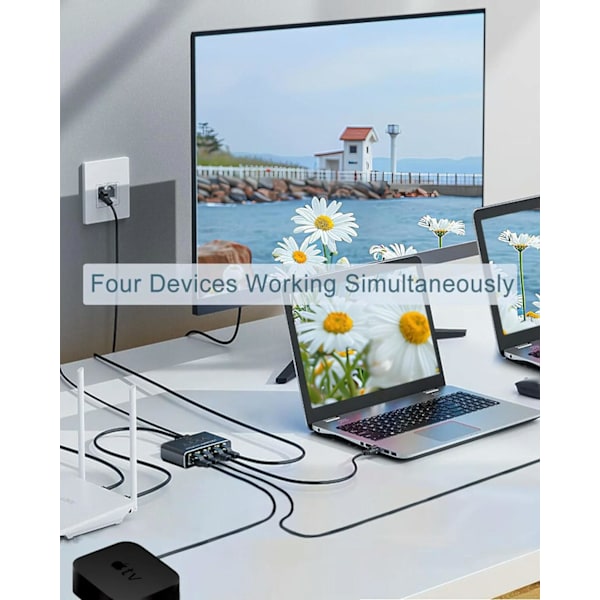 Ethernet-splitter 1 til 4, 1000 Mbps høyhastighets nettverksfordeler med USB-strøm, støtter 4 enheter samtidig, kompatibel med Cat6/7/8-kabler