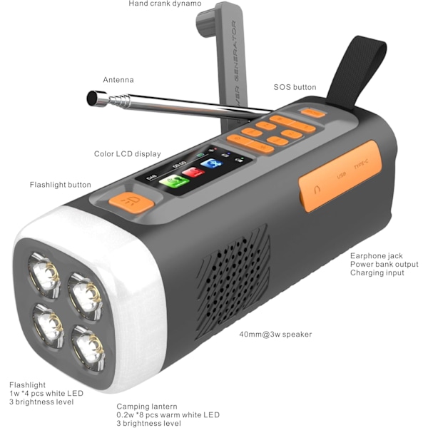 Utomhus Solcellsdriven Nödradio LED Ficklampa Portabel Handvev Am/Fm Radio 4500 Mah Batteri