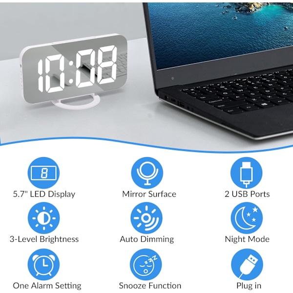 Väckarklocka Digital Väckarklocka LED Spegel Väckarklocka med Dubbla USB-Portar