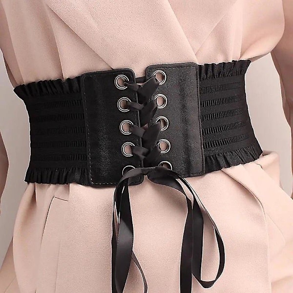 Kvinnors midjeband stretch PU läder wrap spets upp hög midja stil bälte Black