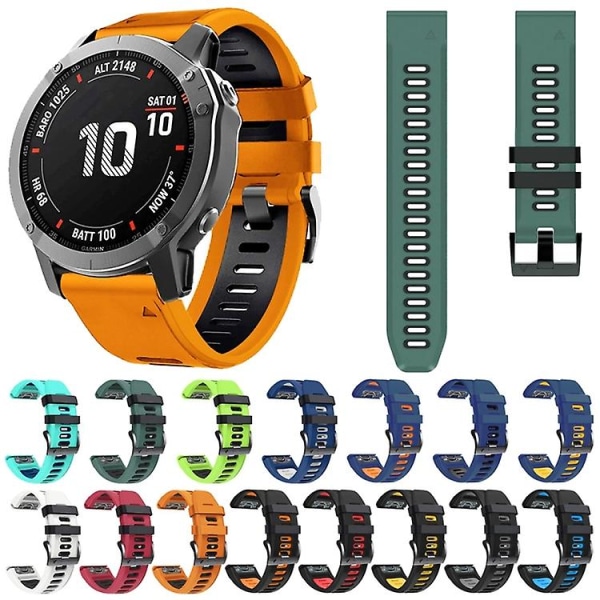 For Garmin Fenix ​​6 Pro 22mm Silikon Sports To-farget Klokkebånd Black-Orange