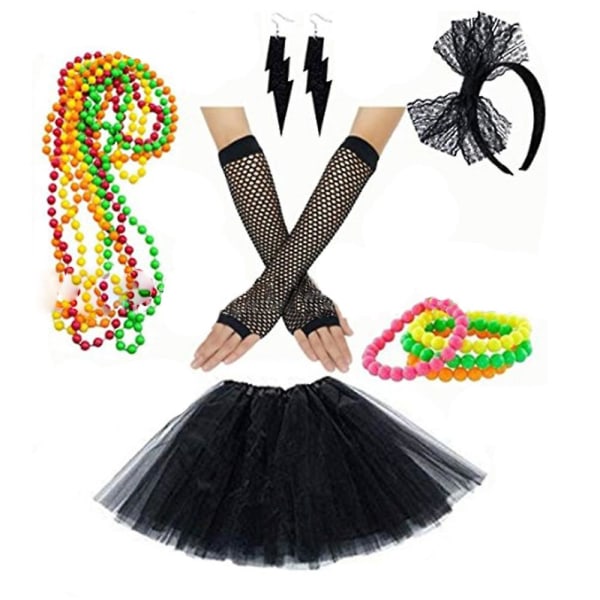 Naisten 80-luvun Fancy Mekko Asusteet Mekko Lasit Jalkalämmitin muotiin Retro 80-luvun juhla-asu set Black