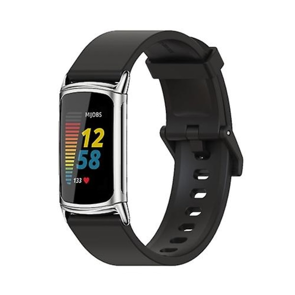 Til Fitbit Charge 5 Mijobs Soft Silicone Watch Band Black-Silver