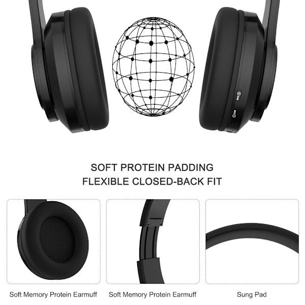 Ægte trådløse Bluetooth-hovedtelefoner Foldbare Bluetooth-headset, Stereo-mikrofon, Genopladelige hovedtelefoner Sort