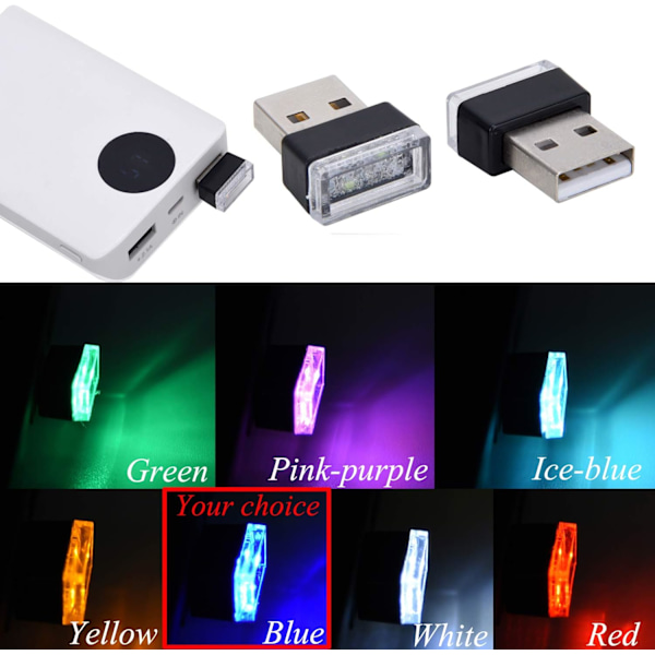 USB LED-auton sisävalaistus - 2 kpl sininen