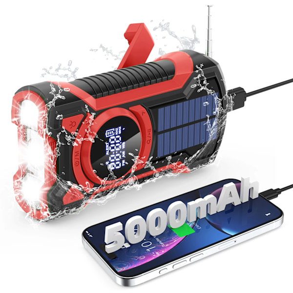 Håndsving Solar Nødradio med Lommelygte Bærbar Bluetooth Am/Fm/ Vejrradio 5000Mah/Rød