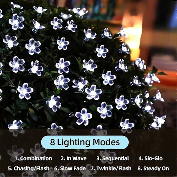 7M 50 LED Sakura Solarcelle Lyskjede Hage Eventyrlys 8 Blitsmoduser Hvitt lys 7M