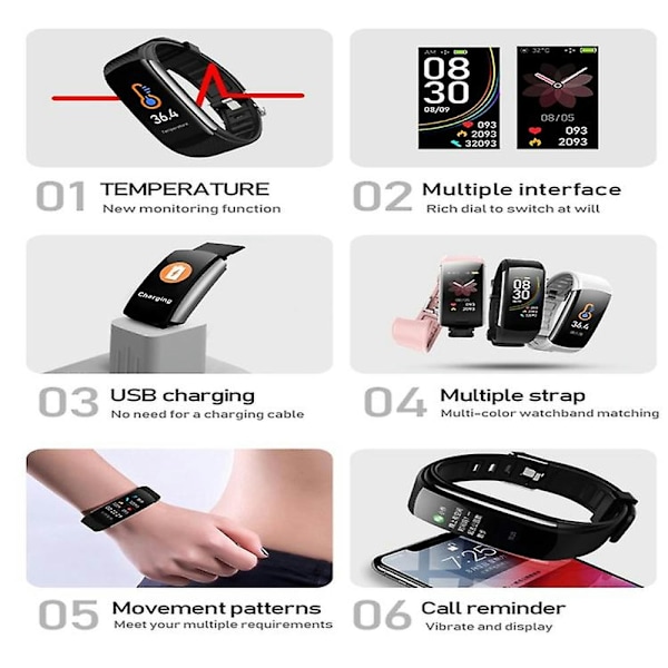 C6t 0,96 tommer farveskærm Smart Watch Ip67 Vandtæt, understøtter temperaturmåling/pulsmåling/blodtryksmåling/søvnmonitorering Red