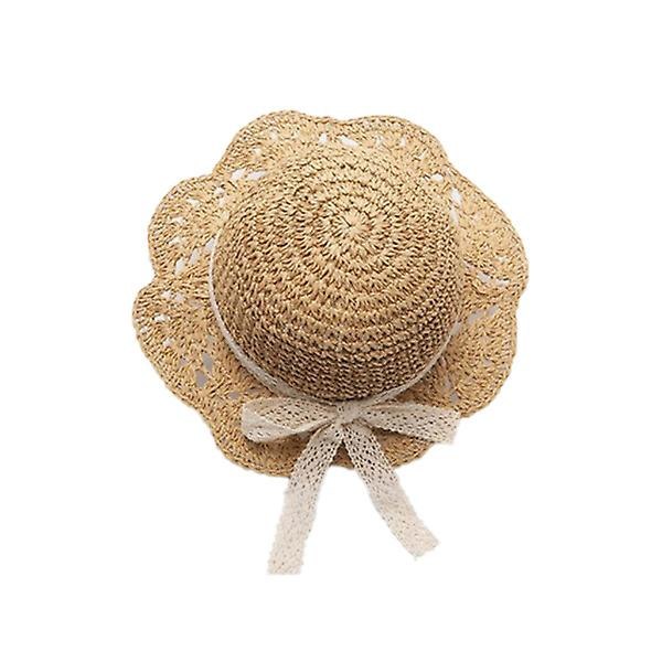 Børns stråhatte Baby piger åndbar blonder Cap bue Strand Solhat Bred skygge Børn Prinsesse rejse solskærm Hat Khaki
