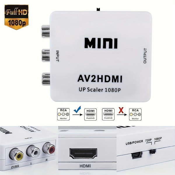 Mini AV till HDMI-omvandlare - RCA-adapterkabel med tre färger för HDTV - Liten vit låda - Förbättra din tittarupplevelse Black