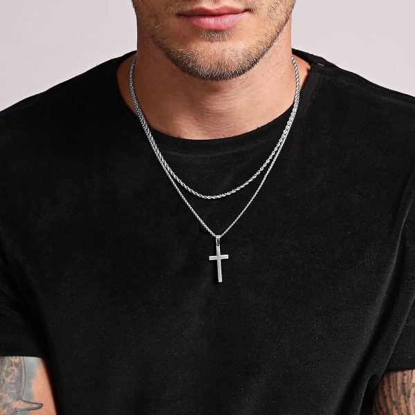 Cross Halsband Män Rostfritt Stål Silver Svart Guld Layered Rope Chain Cross Pendant