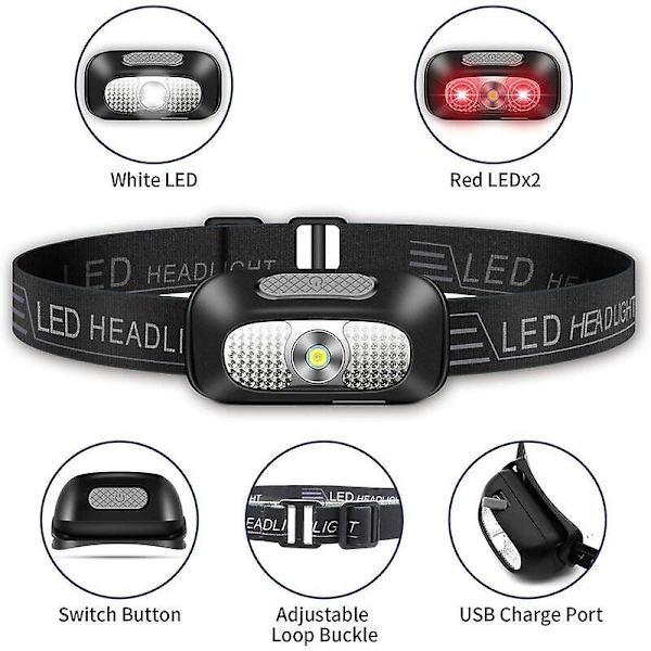 Led pannlampa, 2 stycken lätta USB-laddningsbara pannlampor, kraftfulla