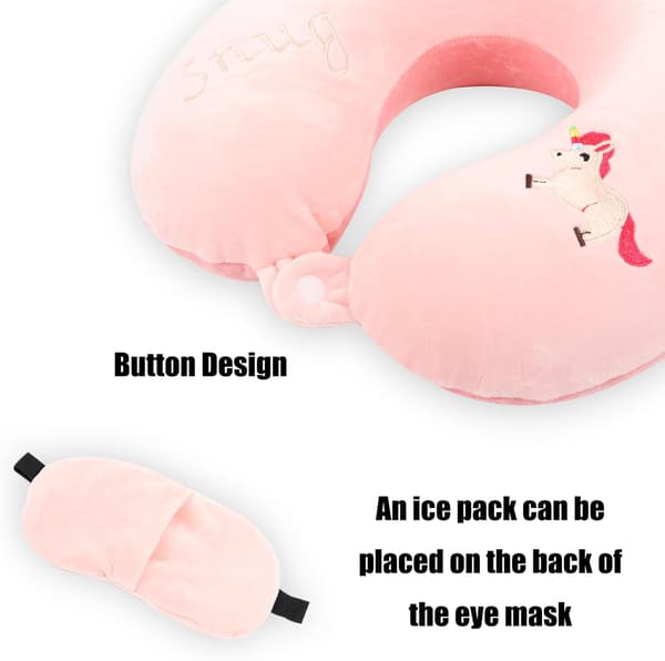 Resekudde i memory foam för barn med sovmask (enhörning)