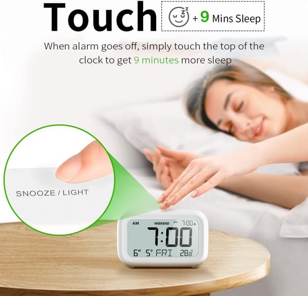 Vækkeur med LCD-display, justerbar lydstyrke, snooze, hvid