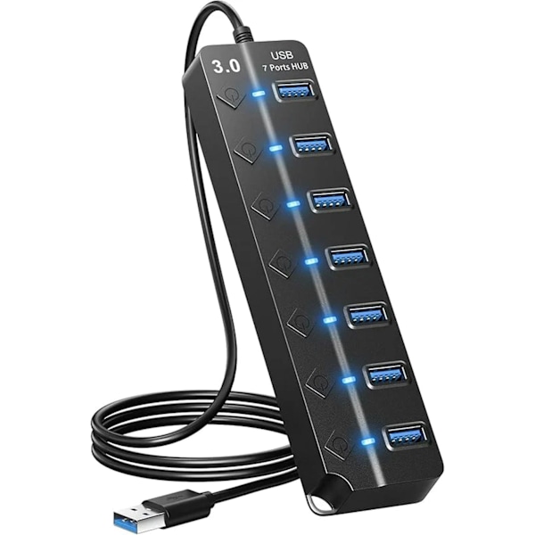 USB-hubb 3.0, 7-portars USB-hubbsplitter med individuella på/av-brytare och lampor, 3,2ft/1m lång kabel kompatibel med MacBook, bärbar dator, Surface Pro Black