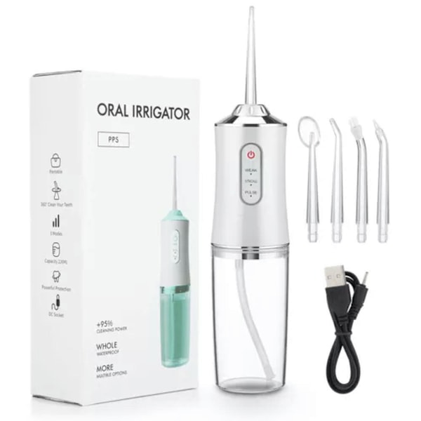 Oral Irrigator Bærbar Usb Vandstråle Floss 4 Jet 220Ml 3 Tilstande Ipx7 Hvid