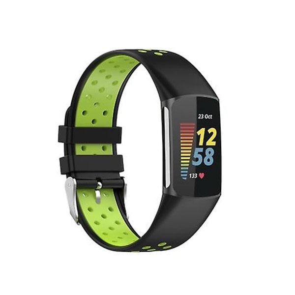 För Fitbit Charge 5 dubbelfärgad metall spänne hål silikon watch Black Green