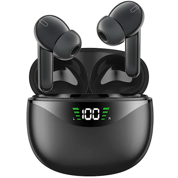 Trådlösa Bluetooth-hörlurar med USB-C snabbladdningsfodral, IPX7 vattentäta hörlurar för iPhone/Android svart