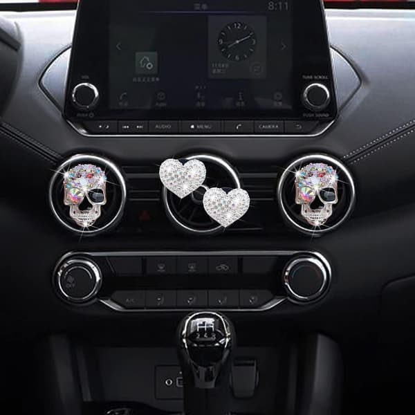 Bling Skull & Heart Luftventilklips. 4 stk Krystal Skull Bil Luft