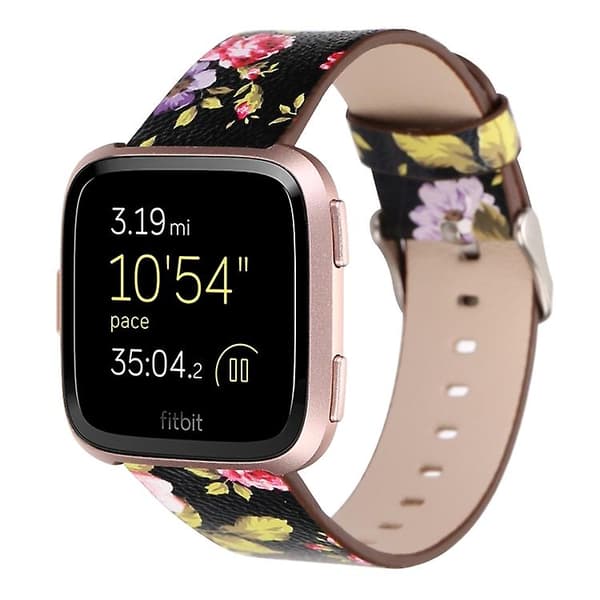 For Fitbit Versa 1/2 klokkebånd med blomstermønster Black Pink