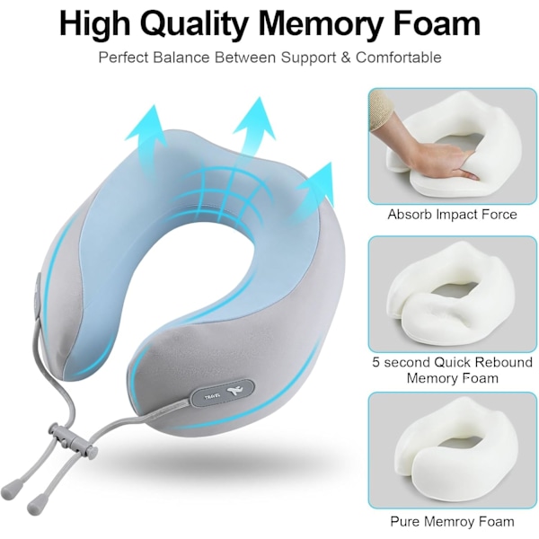 U-formad resehuvudkudde i memory foam, portabel nackkudde, grå